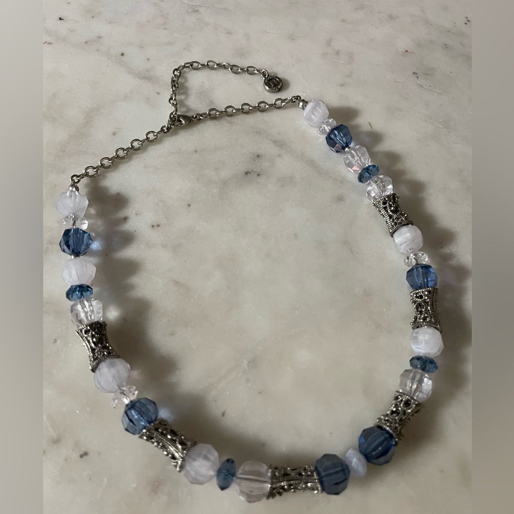 Gently worn blue and silver beaded necklace